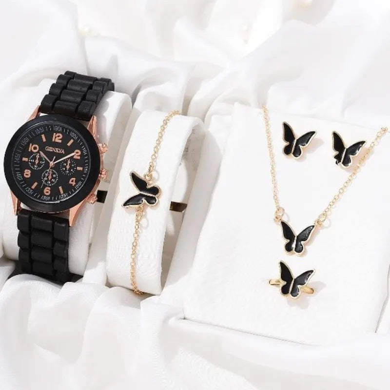 Conjunto de relógio de luxo feminino anel colar brincos strass moda feminino casual
