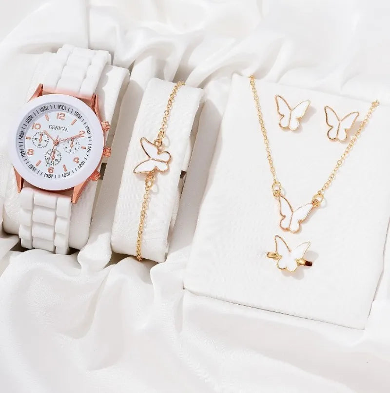 Conjunto de relógio de luxo feminino anel colar brincos strass moda feminino casual